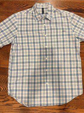 RVCA Light Blue and White Plaid Short Sleeve Button-Down Shirt